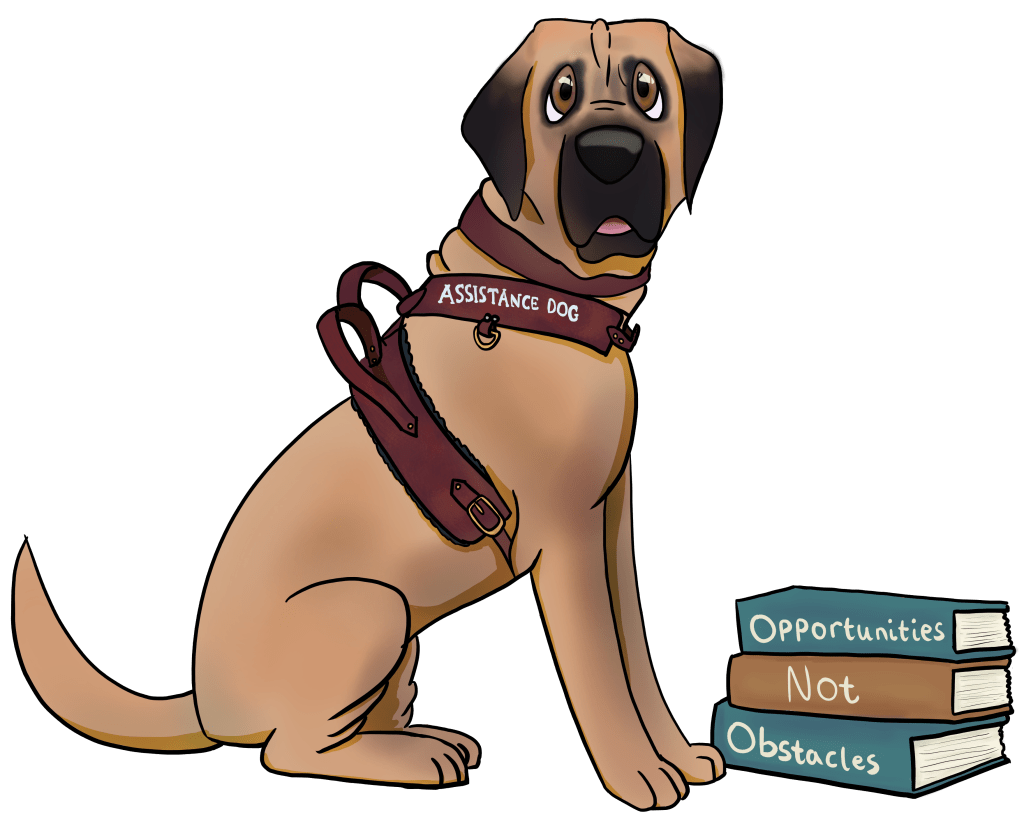 cartoon mastiff sat next to books