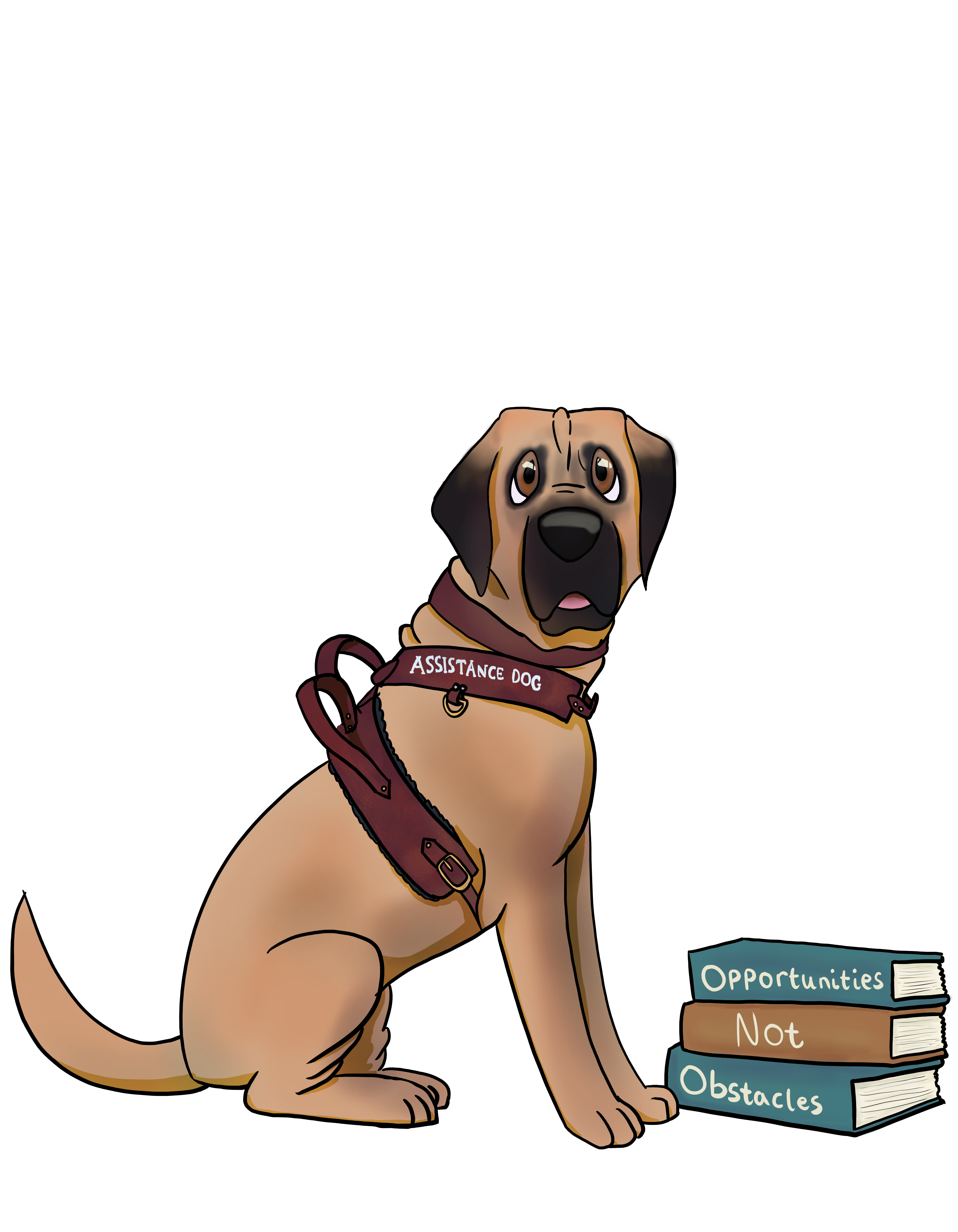 cartoon mastiff sat next to books